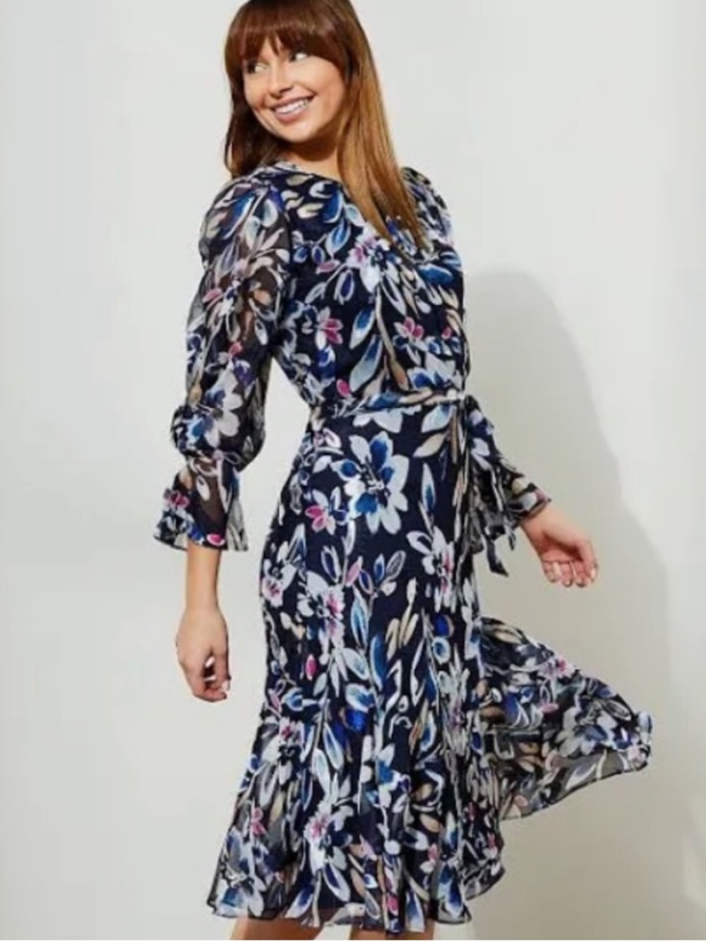 DKNY JEWEL NECKLINE SHEER SLEEVES NAVY MULTI COLORED FLORAL MIDI DRESS SZ 4